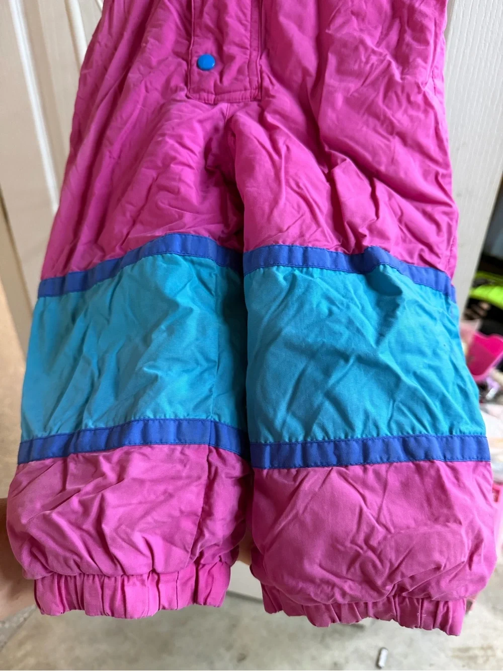 Vintage Y2K L.L. Bean Girls' Pink and Teal Snow Bib Overalls